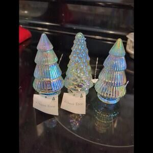 4-Inch Elegant Embossed Iridescent Blue Glass Christmas Tree Tabletop - 3 Trees